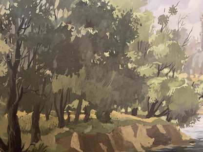 Oil painting of monastery behind trees by Alexander Litvinov, serene forest riverbank