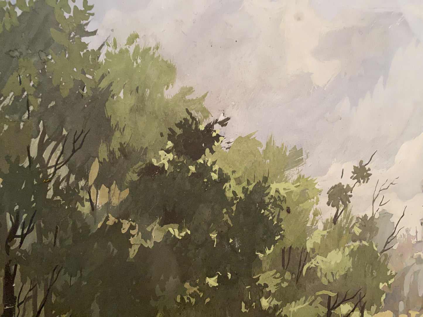 Watercolor foliage with monastery behind trees by Alexander Litvinov
