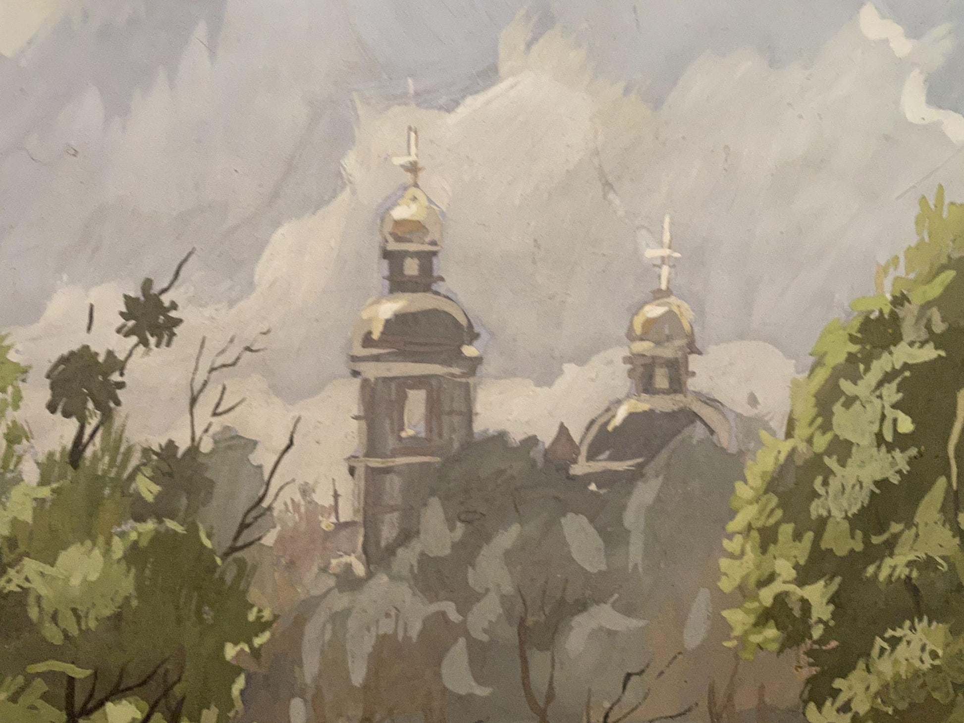 Oil painting of Alexander Litvins Monastery behind misty trees with golden domes