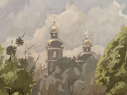 Oil painting of Alexander Litvins Monastery behind misty trees with golden domes