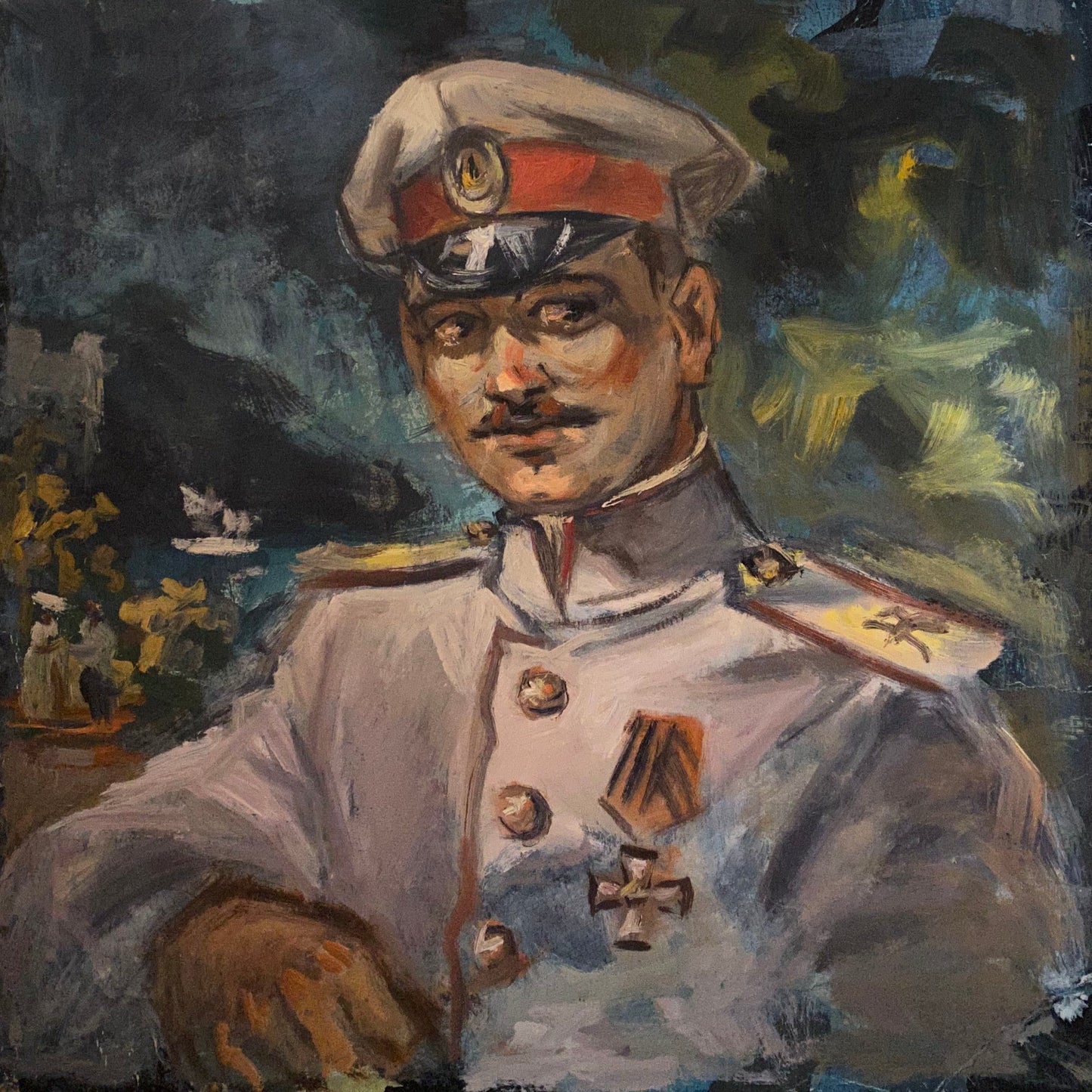 Oil painting of Hero of Port Arthur Alexander Arkadievich Litvinov in white uniform