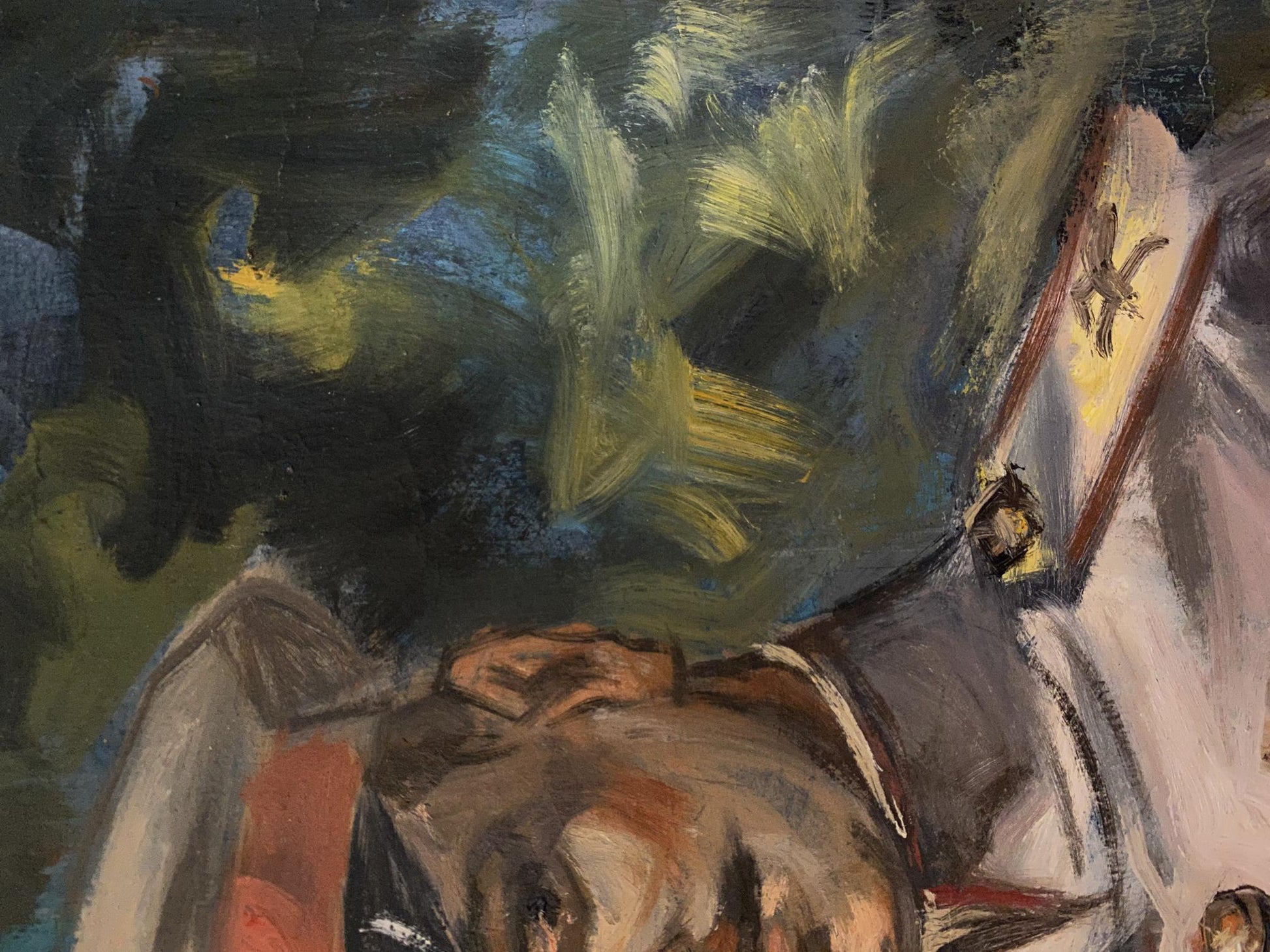 Oil painting Hero of Port Arthur Alexander Arkadievich Litvinov with textured dark green and yellow brushstrokes