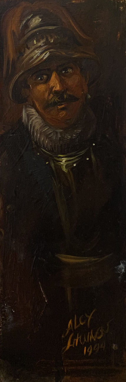 Oil painting portrait of hussar warrior Alexander Litvinov in ornate helmet