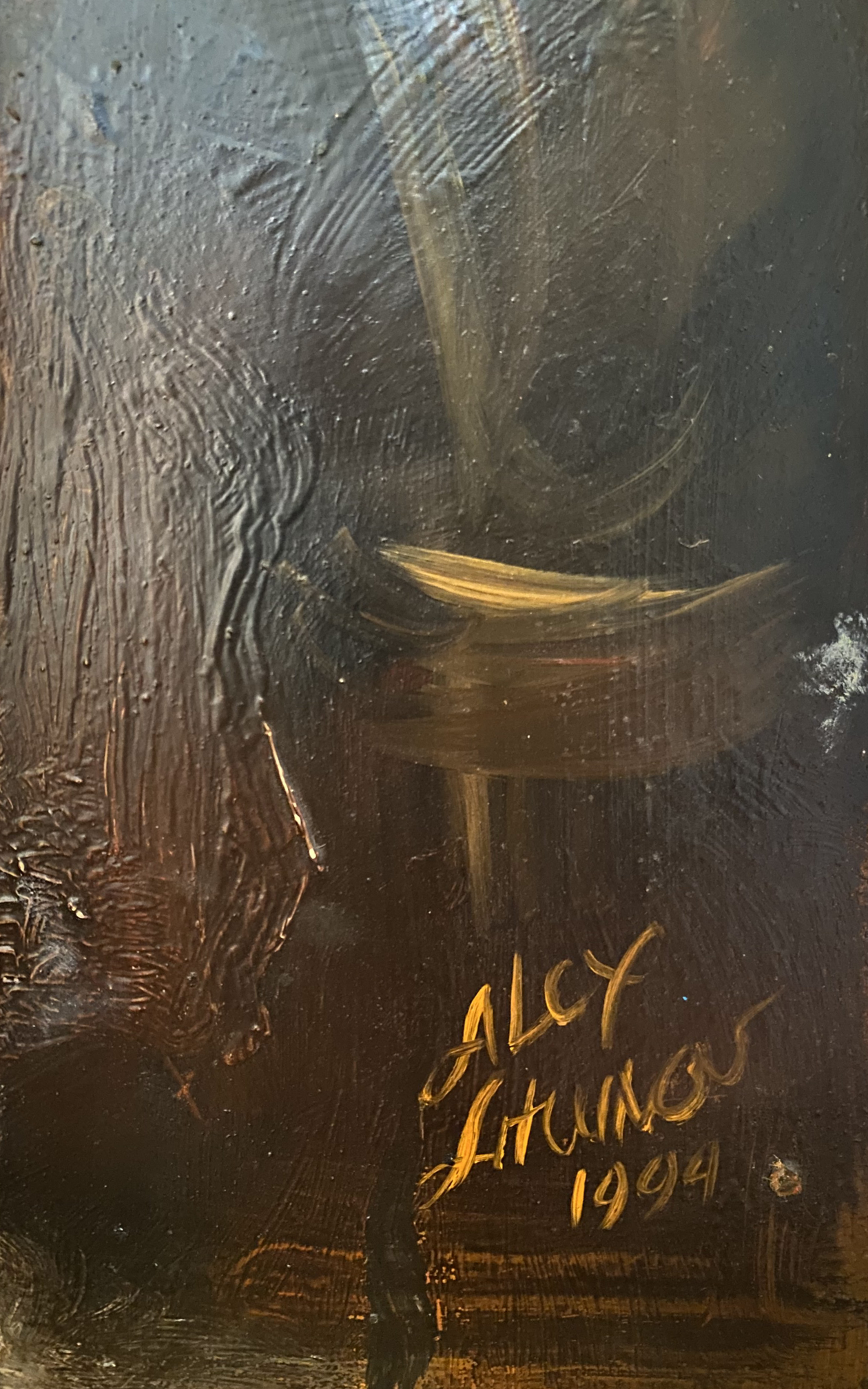 Oil painting of hussar warrior Alexander Litvinov with golden abstract boat form