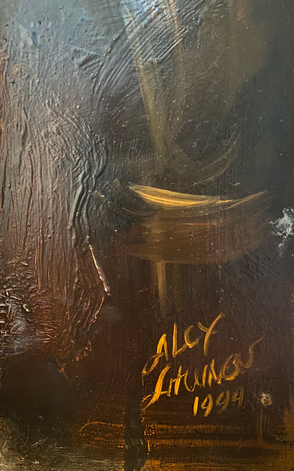 Oil painting of hussar warrior Alexander Litvinov with golden abstract boat form