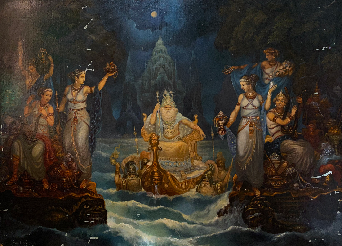 Oil painting of Poseidon by Alexander Arkadievich Litvinov on turbulent seas