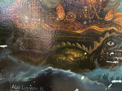 Menacing golden dragon by Litvinov emerging from waves in oil painting