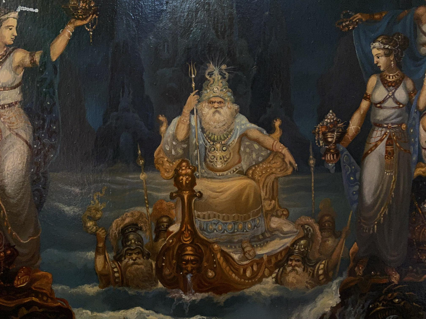 Golden ornate throne with regal bearded figure, oil painting by Litvinov