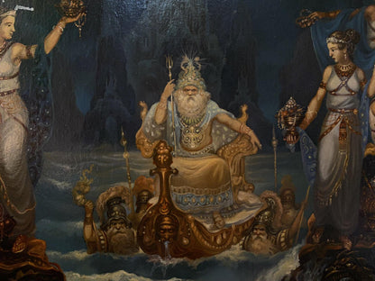 Golden ornate throne with regal bearded figure, oil painting by Litvinov
