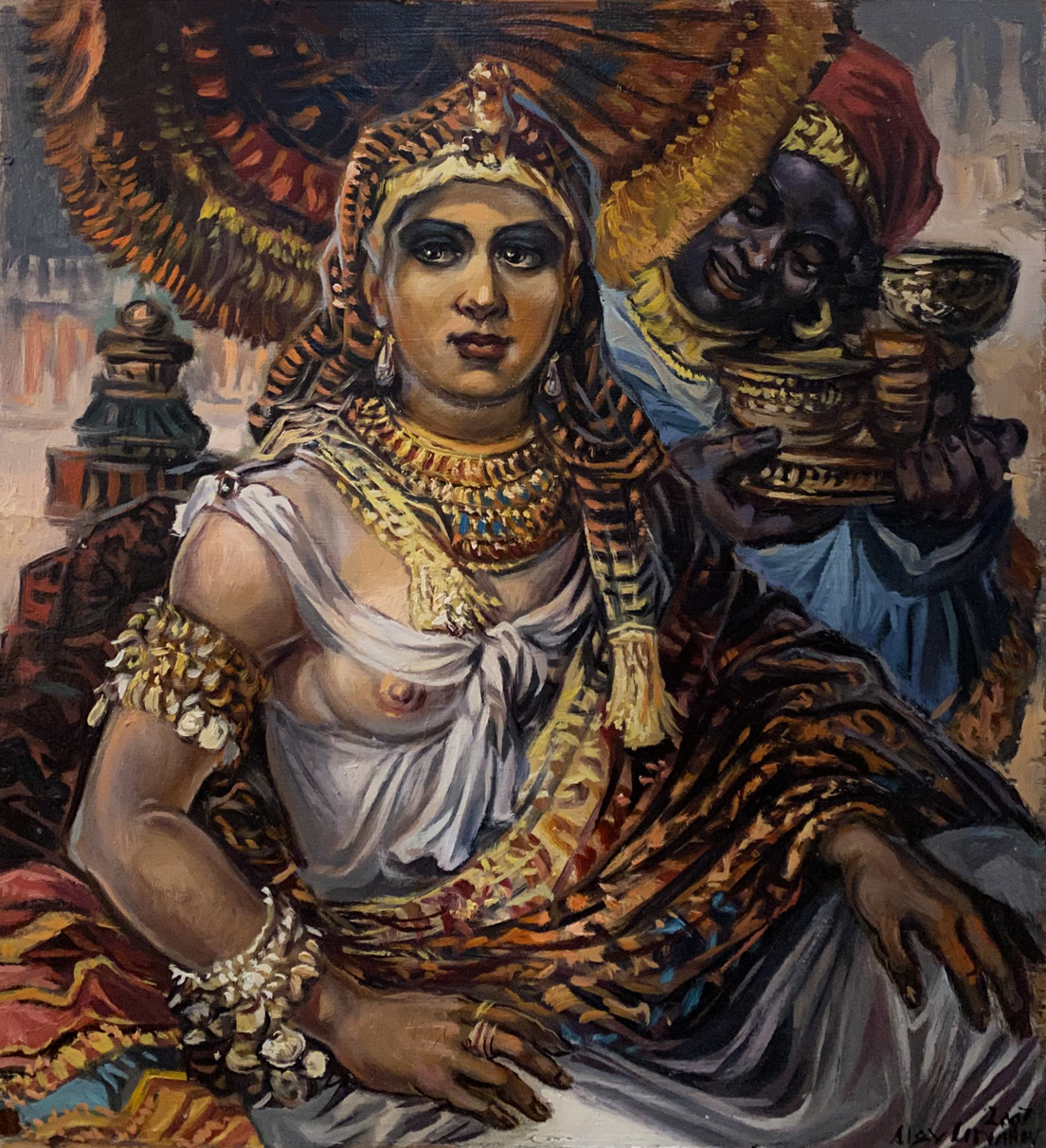 Oil painting of Cleopatra by Alexander Litvinov in ornate gold attire