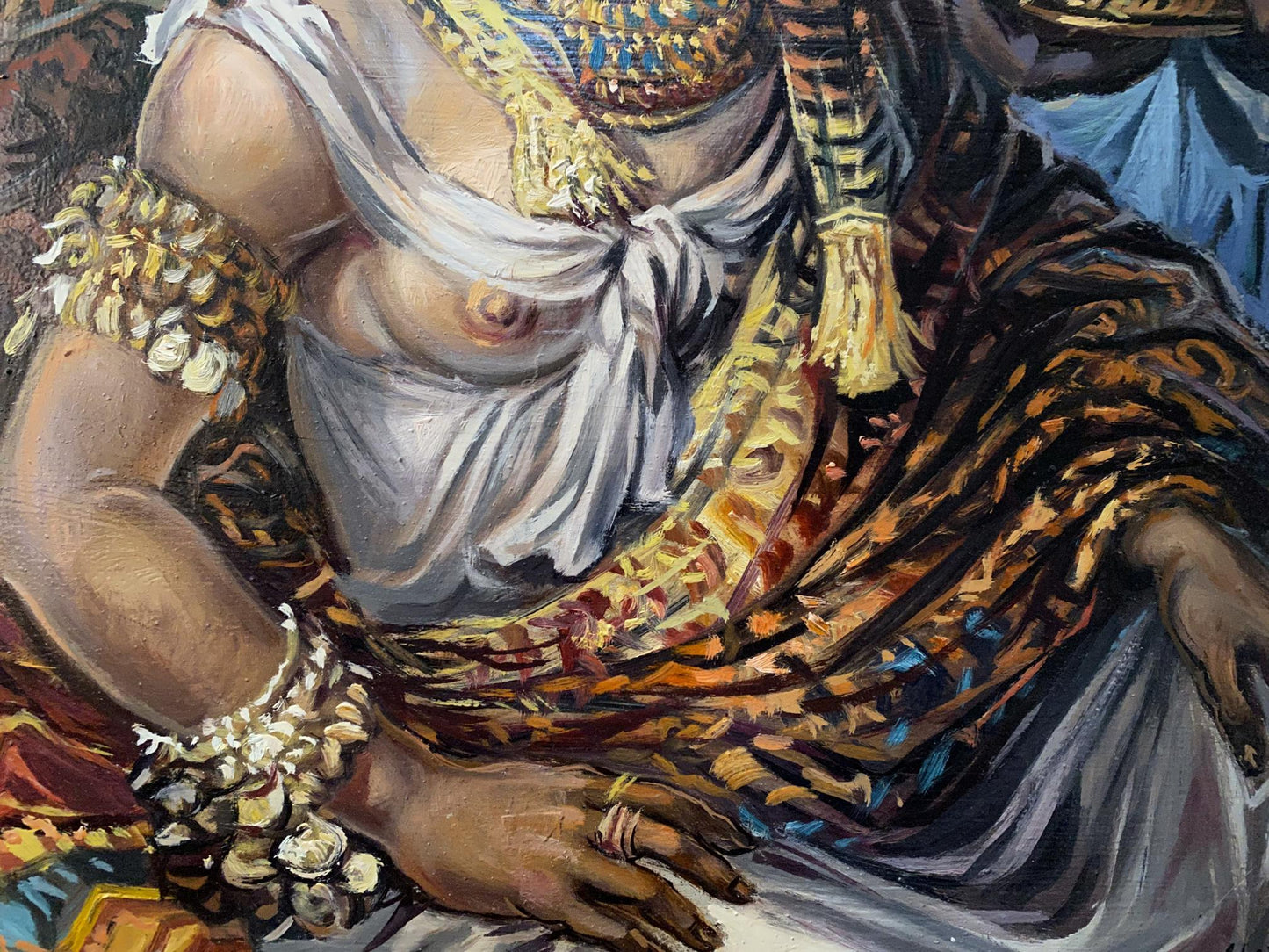 Oil painting of Cleopatra by Alexander Litvinov: golden necklace on white garment