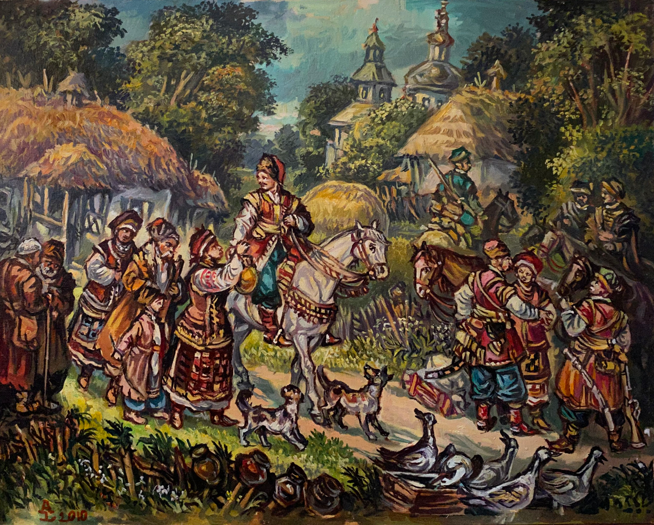 Oil painting Seeing off the Cossacks by Litvinov vibrant village scene