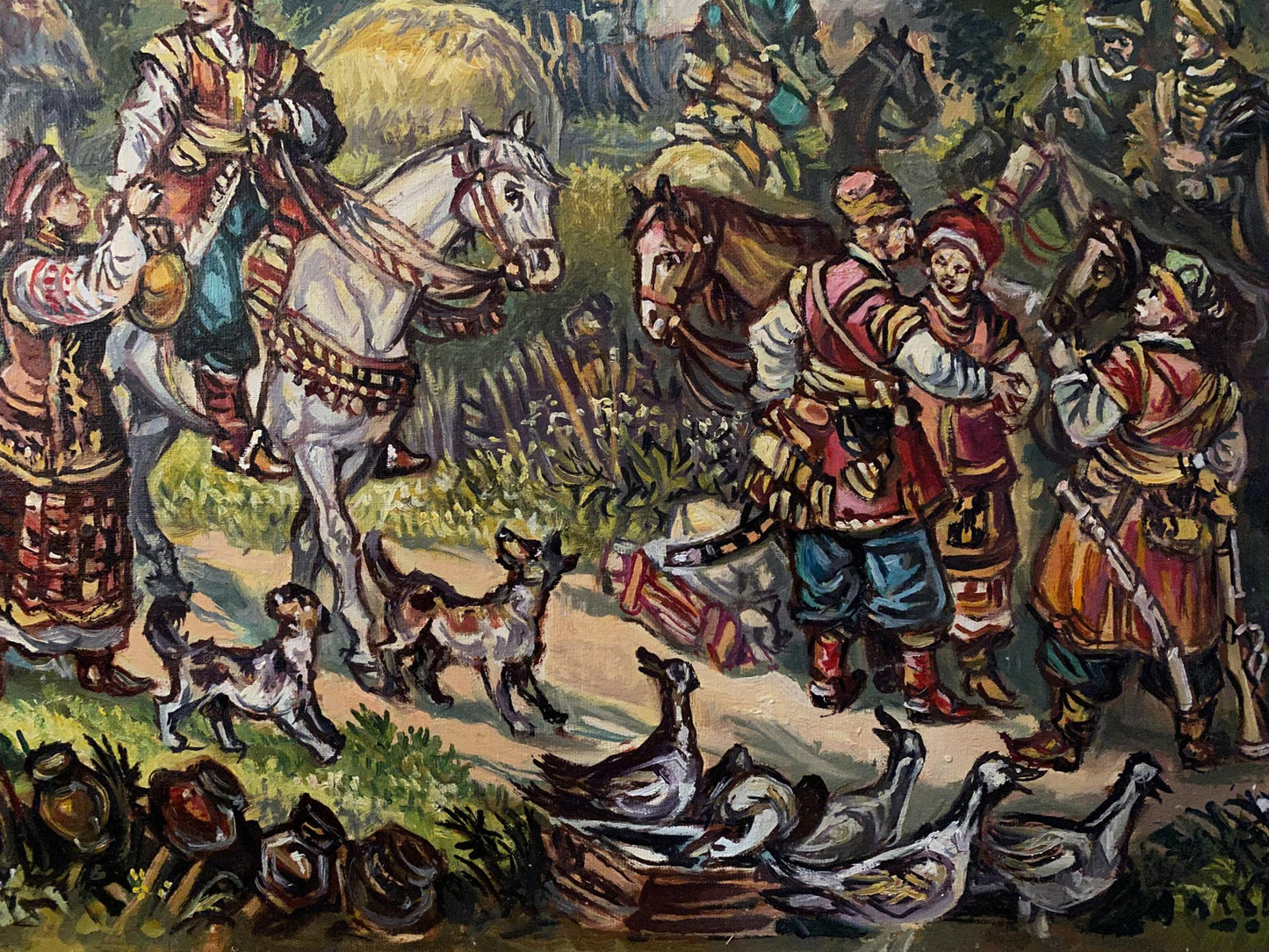 Oil painting Seeing off the Cossacks by Litvinov, vibrant rural scene