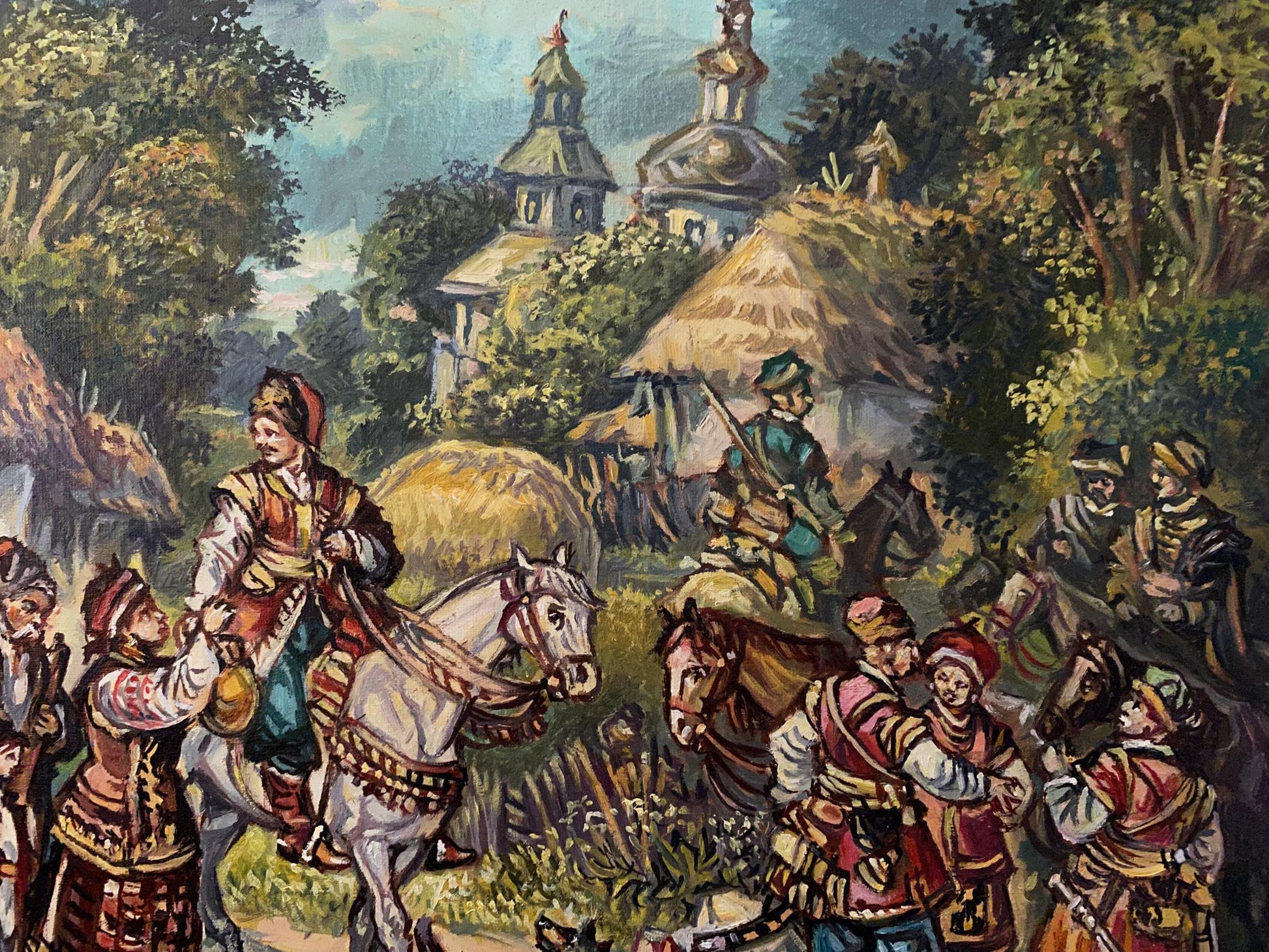 Oil painting Seeing off the Cossacks by Litvinov village scene