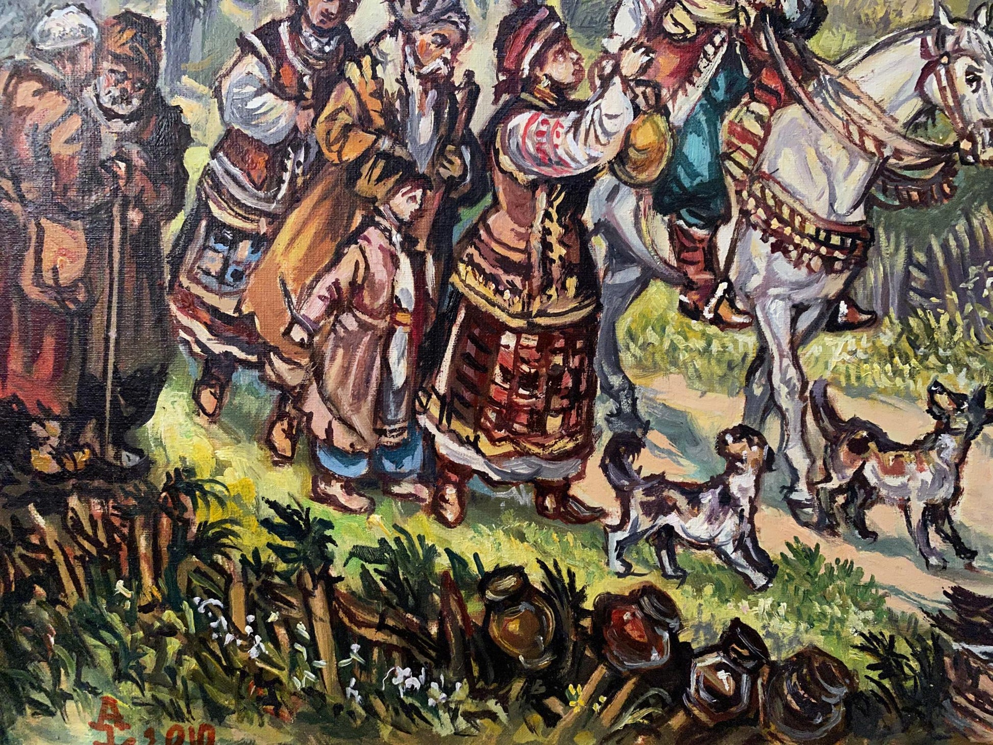 Vibrant oil painting Seeing off the Cossacks by Litvinov, folk attire