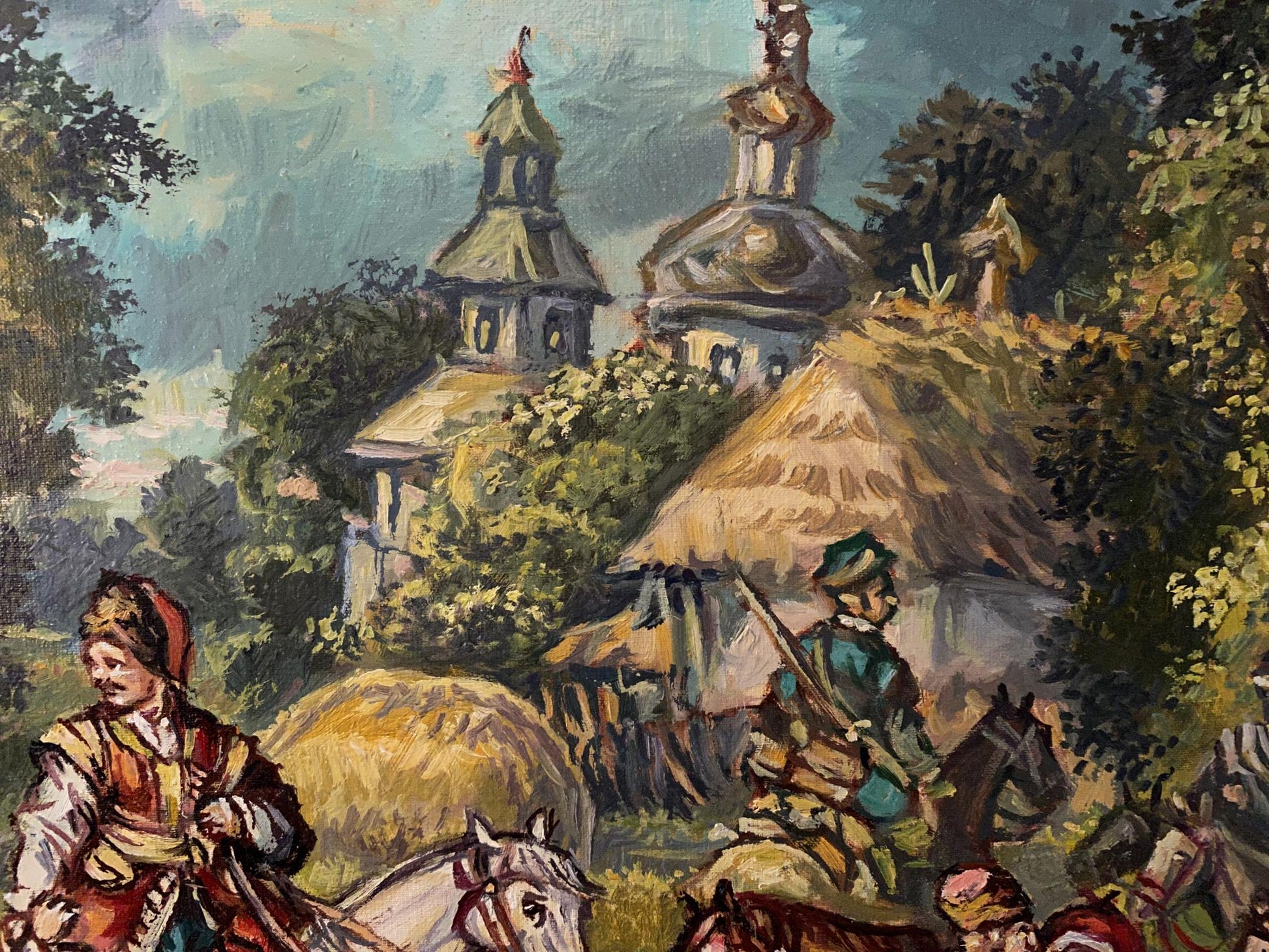 Oil painting Seeing off the Cossacks by Litvinov, rustic village scene