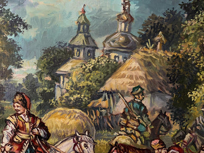 Oil painting Seeing off the Cossacks by Litvinov, rustic village scene
