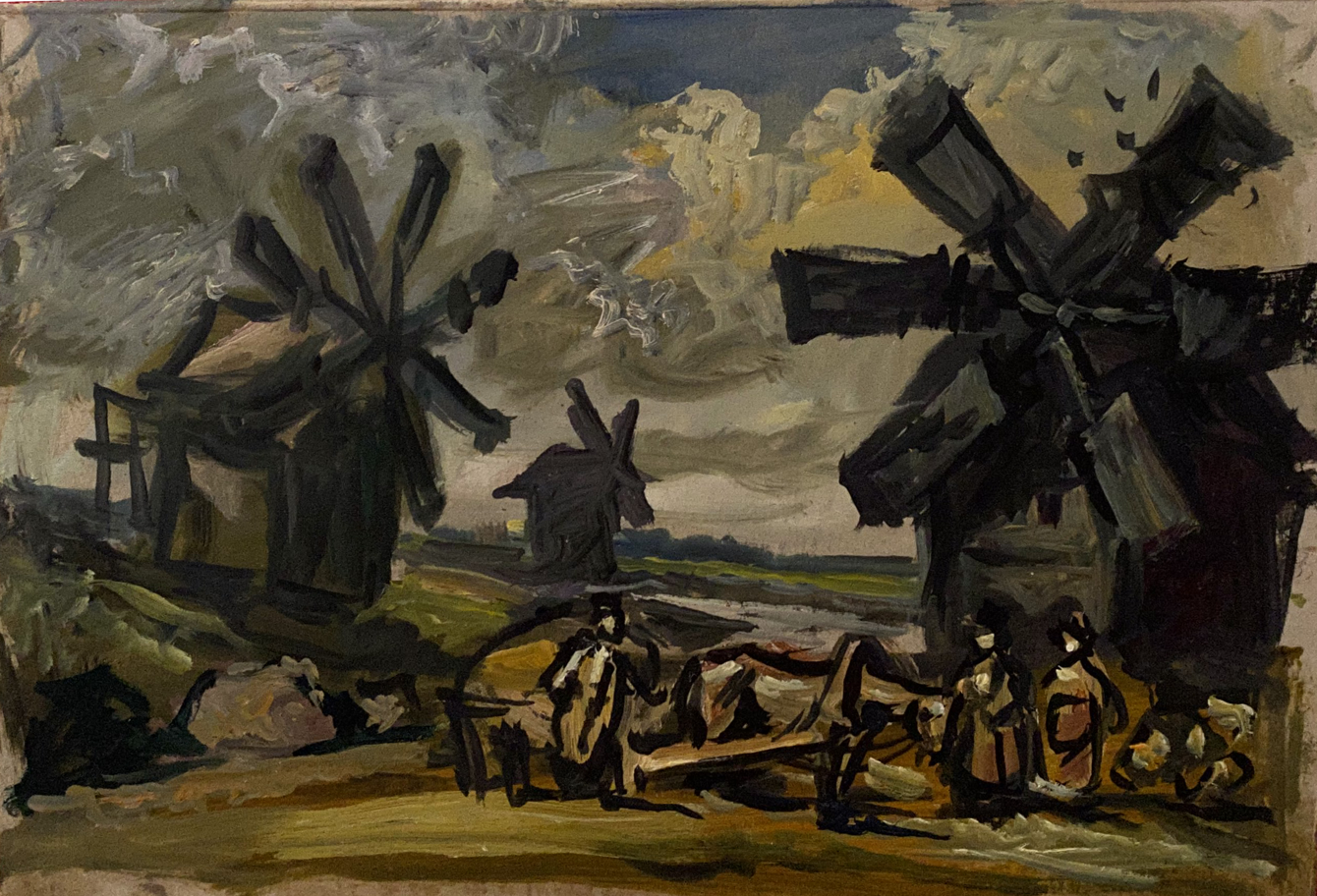 Impressionistic oil painting of dark wooden windmills by Alexander Arkadievich Litvinov under cloudy sky