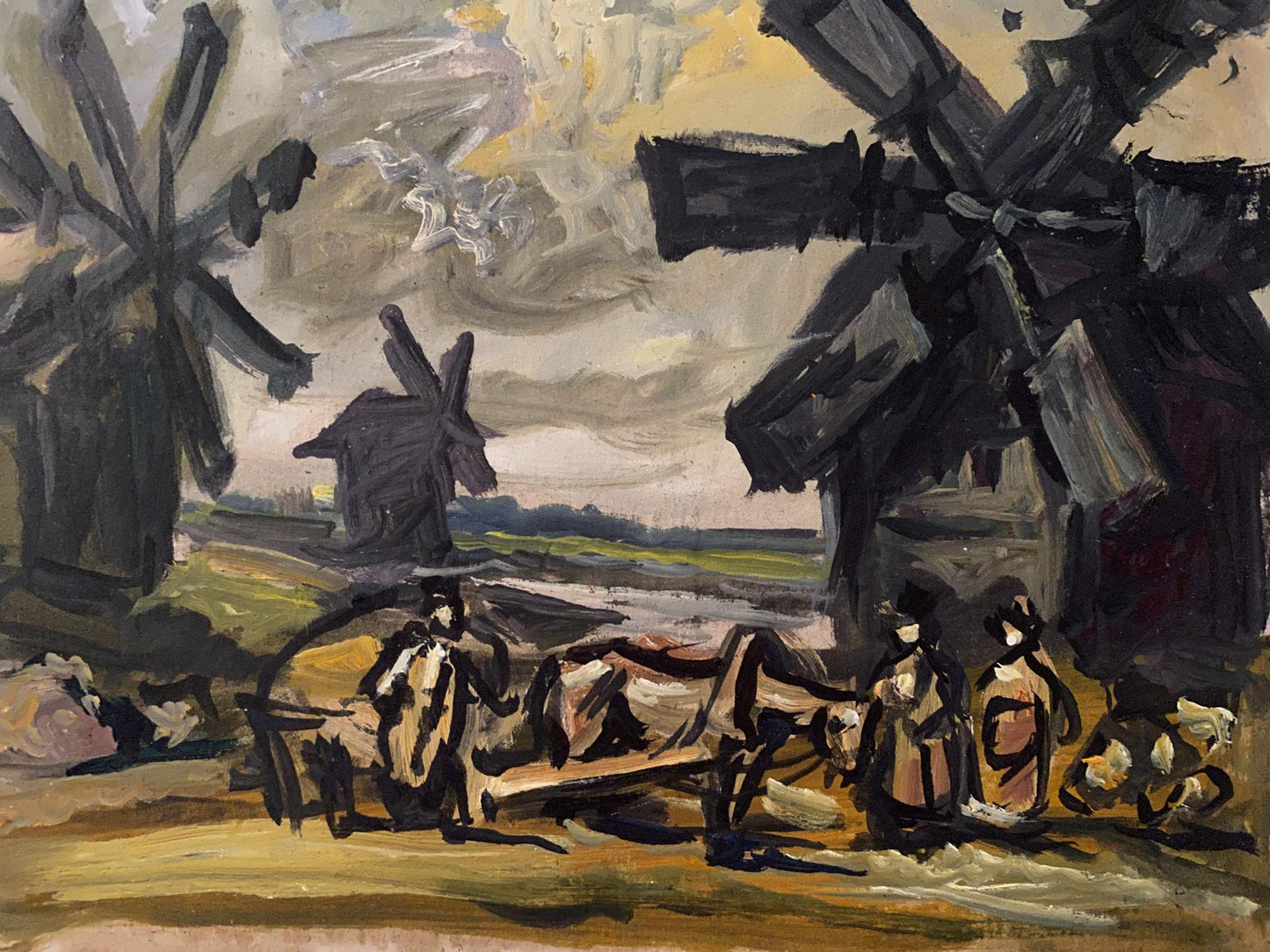 Rustic oil painting of dark windmills by Litvinov under cloudy sky