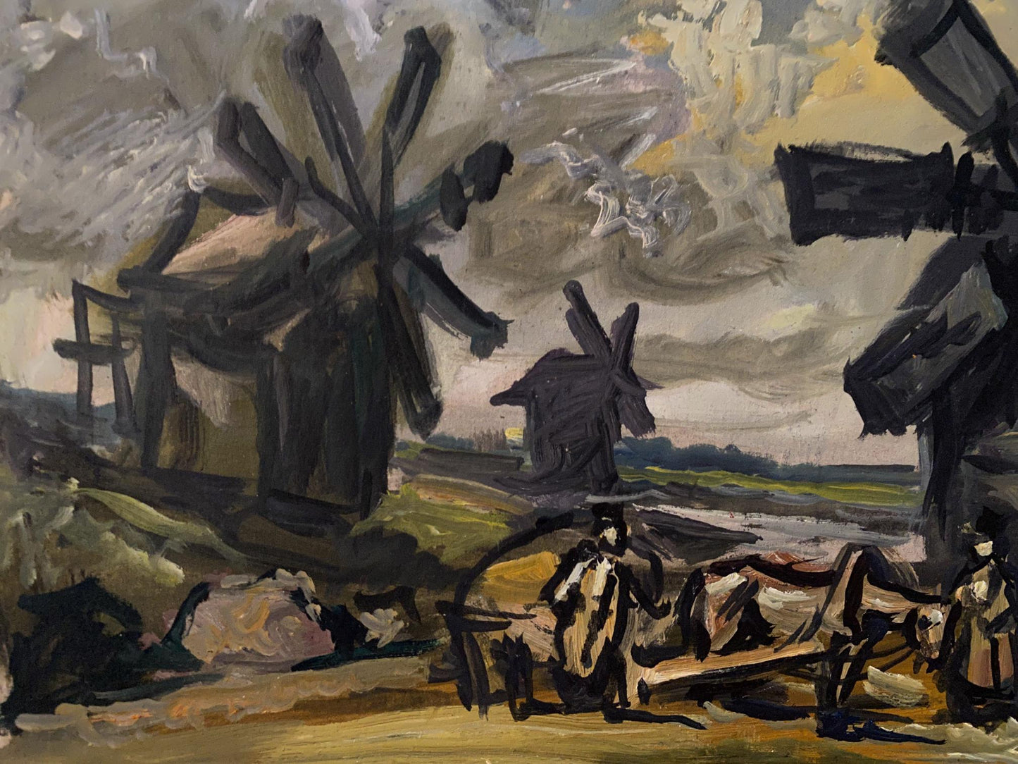 Dark stylized oil painting of windmills by Litvinov under cloudy sky