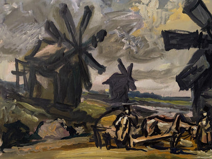 Dark stylized oil painting of windmills by Litvinov under cloudy sky