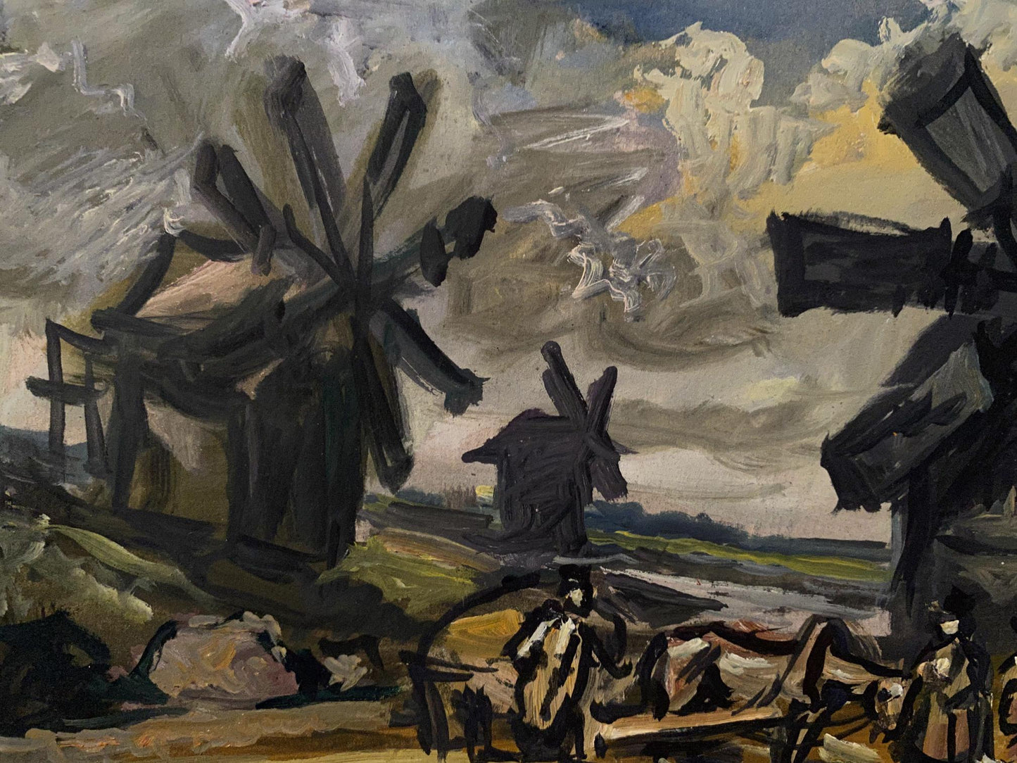 Oil painting of three dark windmills by Alexander Arkadievich Litvinov