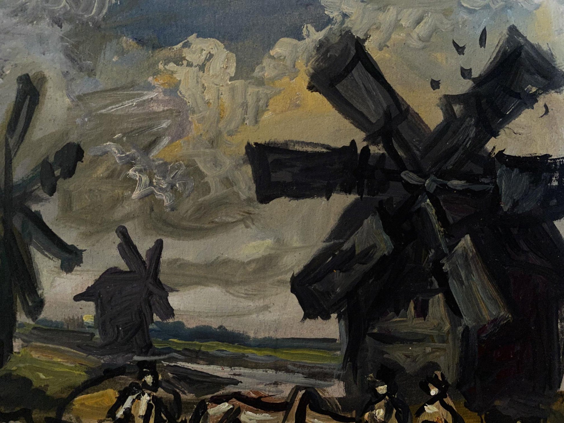Dark expressive oil painting of windmills by Litvinov under turbulent sky