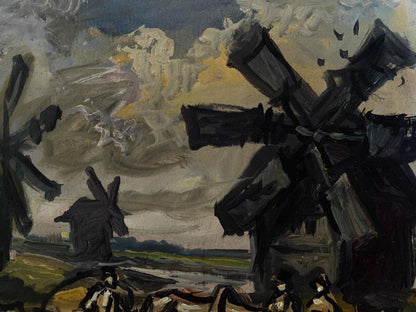 Dark expressive oil painting of windmills by Litvinov under turbulent sky