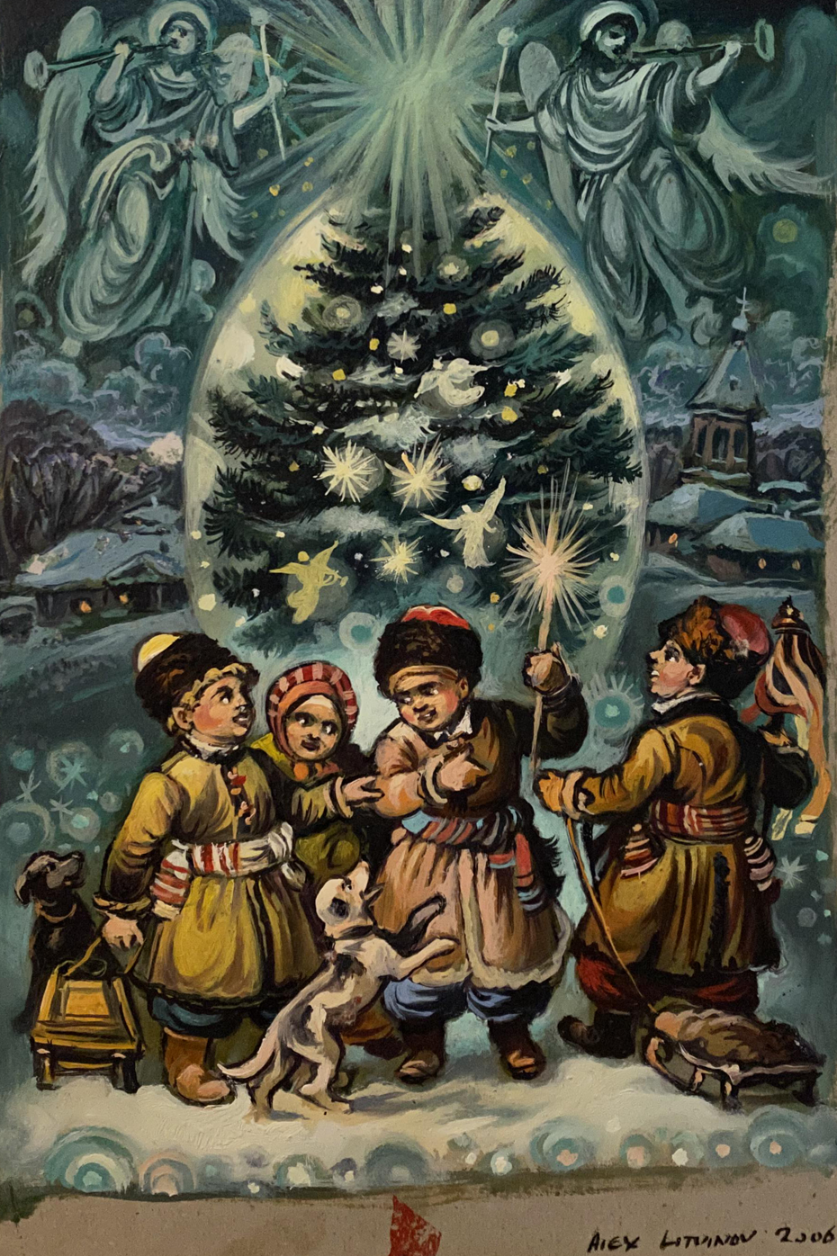Oil painting of festive Christmas tree by Alexander Arkadievich Litvinov