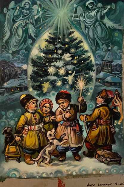 Oil painting of festive Christmas tree by Alexander Arkadievich Litvinov