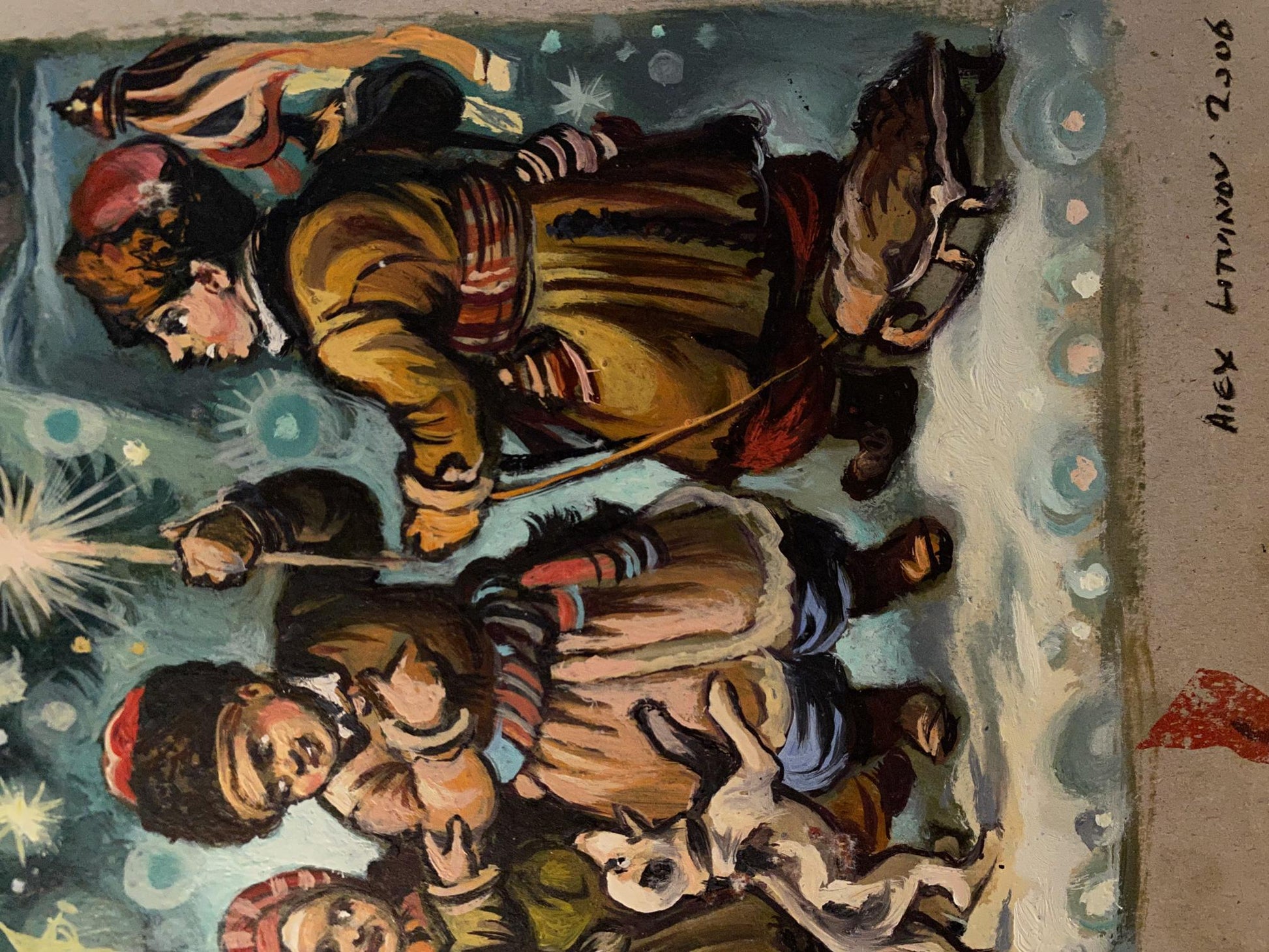 Oil painting by Alexander Arkadievich Litvinov: kids, dog, fireworks in snow