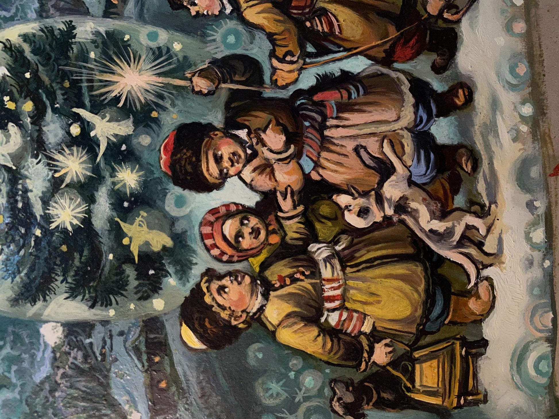 Oil painting by Alexander Arkadievich Litvinov: kids around Christmas tree