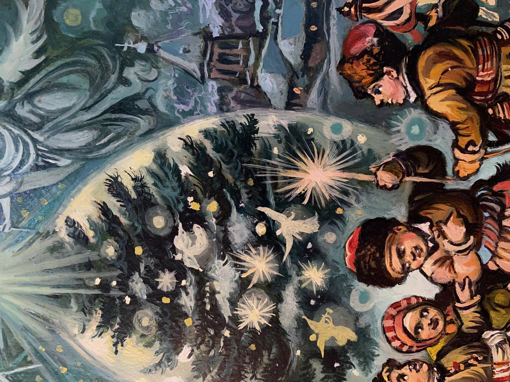 Oil painting by Alexander Arkadievich Litvinov: kids around lit Christmas tree