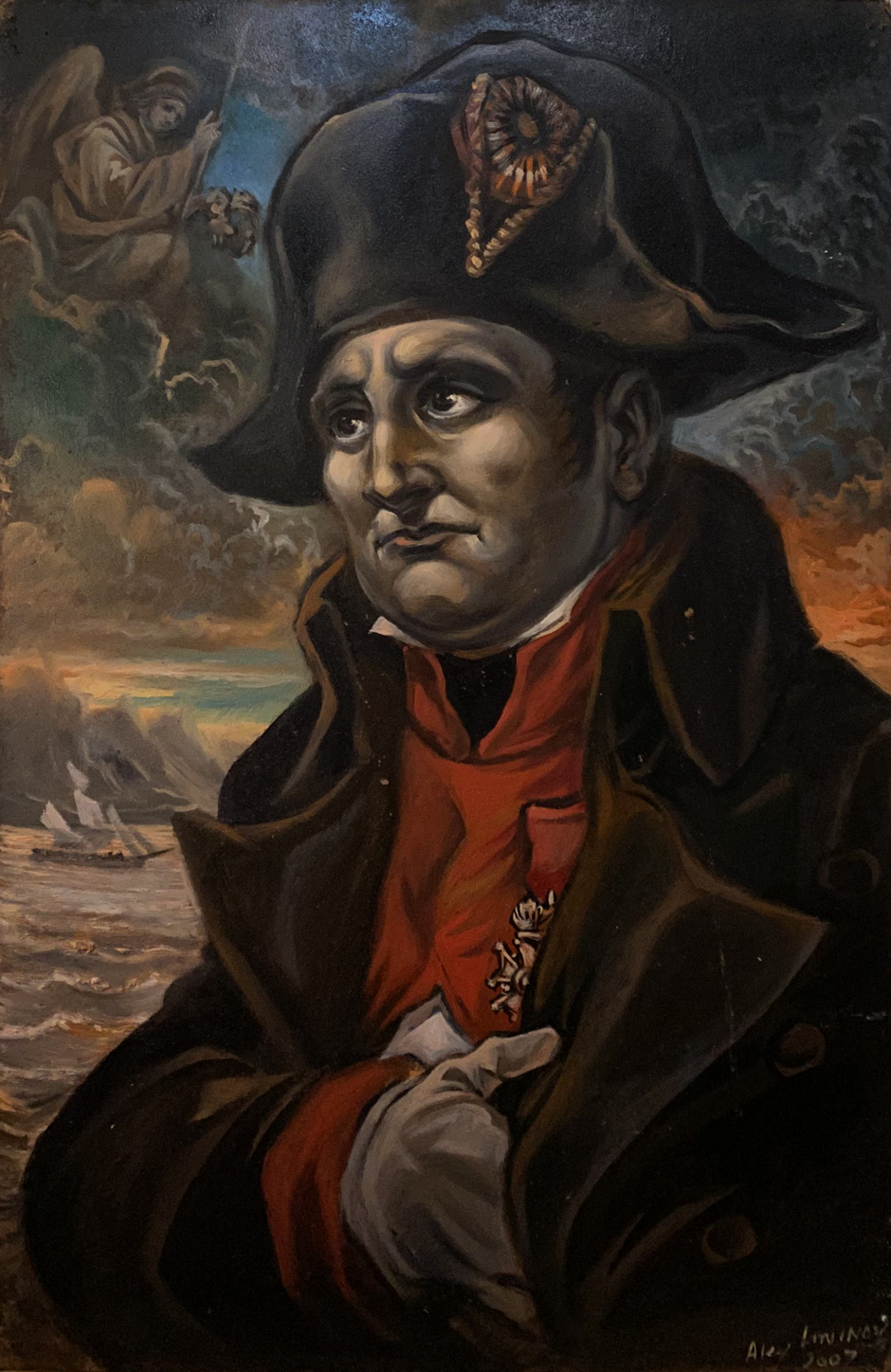 Oil painting of Napoleon on St. Helena by Litvinov, dark textured portrait