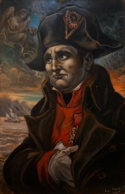 Oil painting of Napoleon on St. Helena by Litvinov, dark textured portrait