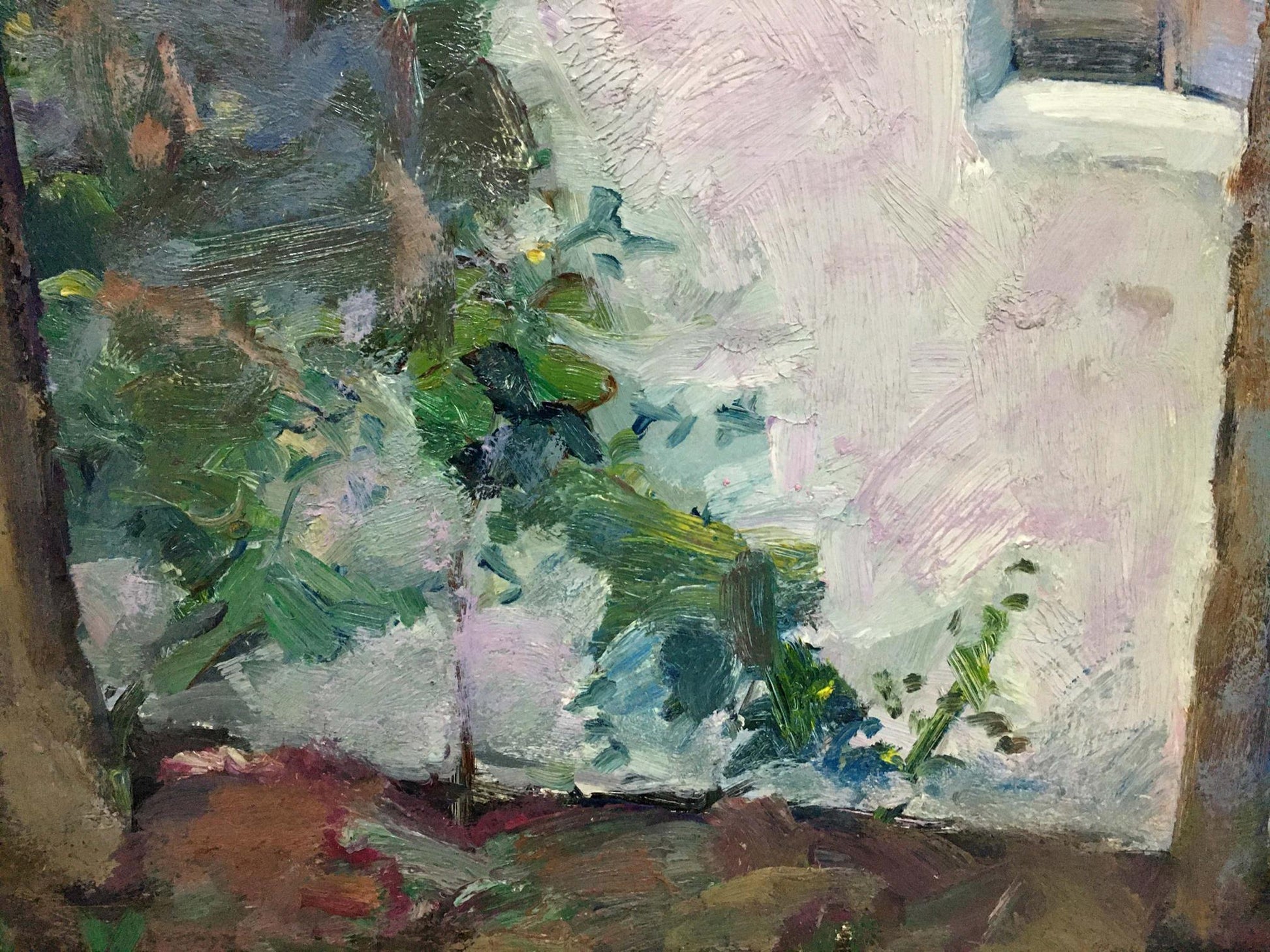 Oil painting Street Mynka by Alexander Fedorovich with green foliage and pink wall