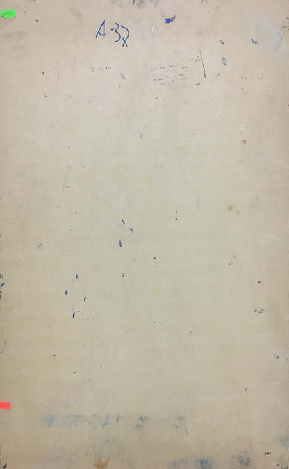 Back of Oil painting Street by Mynka Alexander Fedorovich with faded paper, blue scribbles, green sticker