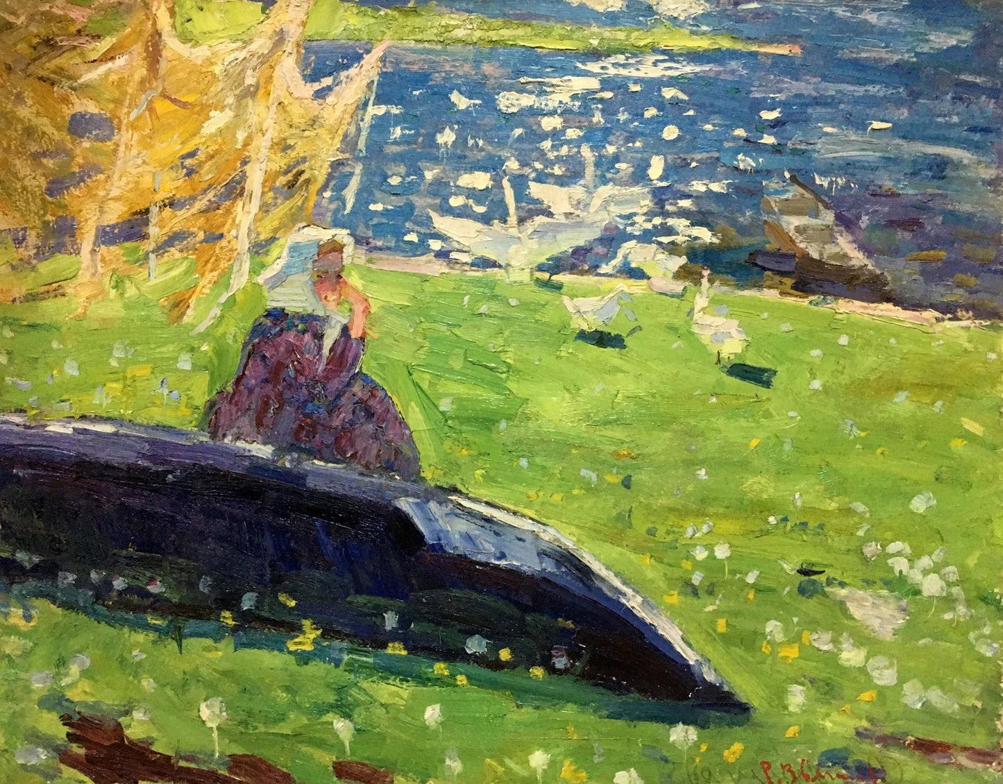 Oil painting by Rostislav Mikhailovich Zvyagintsev: woman in purple dress by rowboat