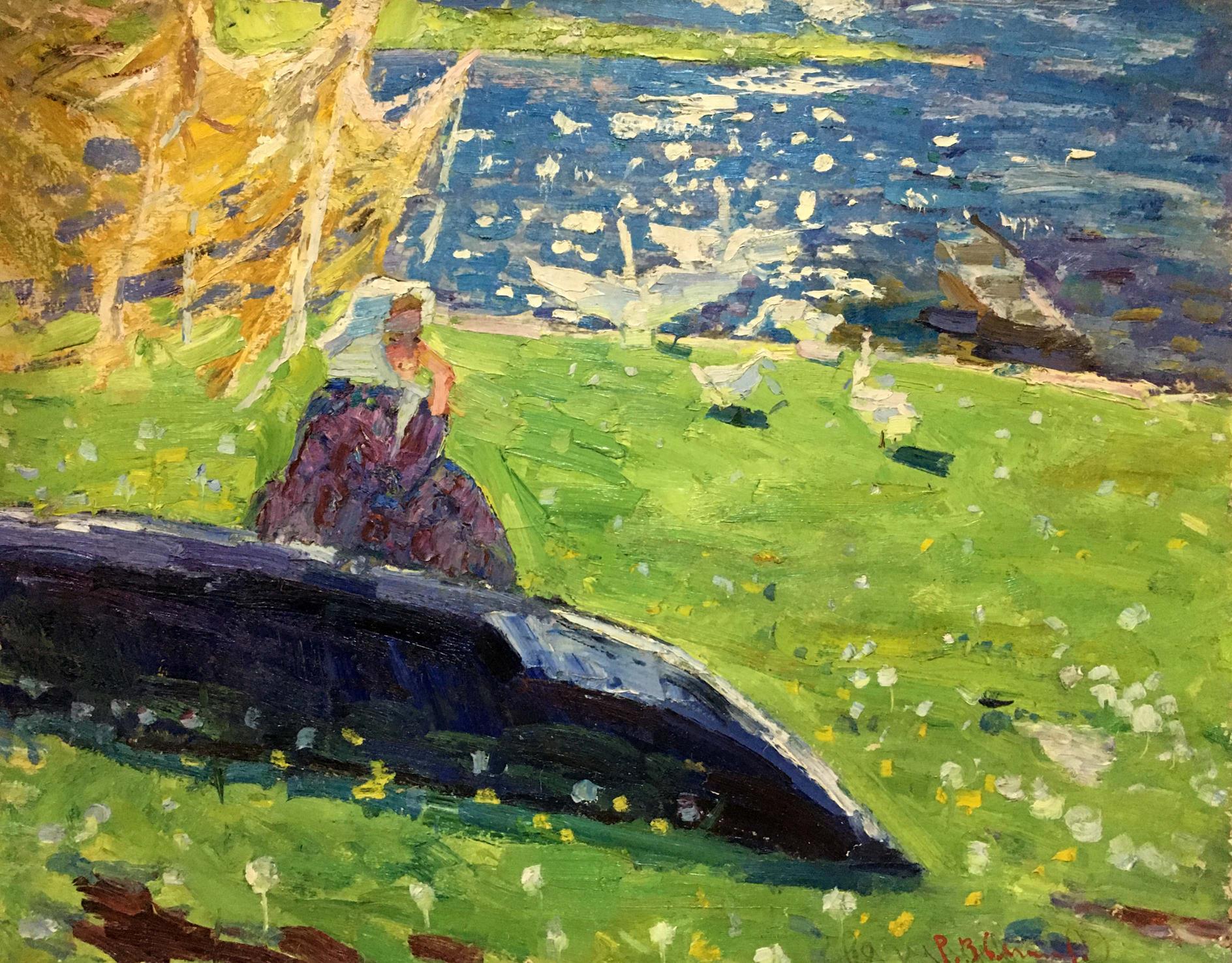Oil painting by Rostislav Mikhailovich Zvyagintsev: woman in purple dress by rowboat