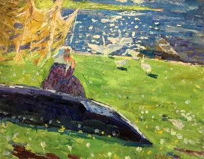 Oil painting by Rostislav Mikhailovich Zvyagintsev: woman in purple dress by rowboat