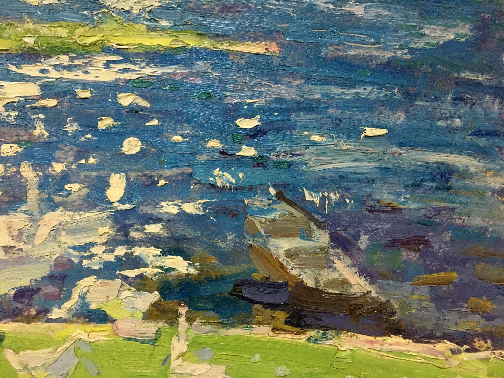 Textured impasto oil painting by Zvyagintsev Rostislav Mikhailovich of boat on water