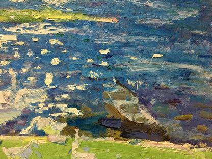 Textured impasto oil painting by Zvyagintsev Rostislav Mikhailovich of boat on water