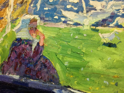 Oil painting by Zvyagintsev Rostislav Mikhailovich: woman in purple blue dress on bench under tree