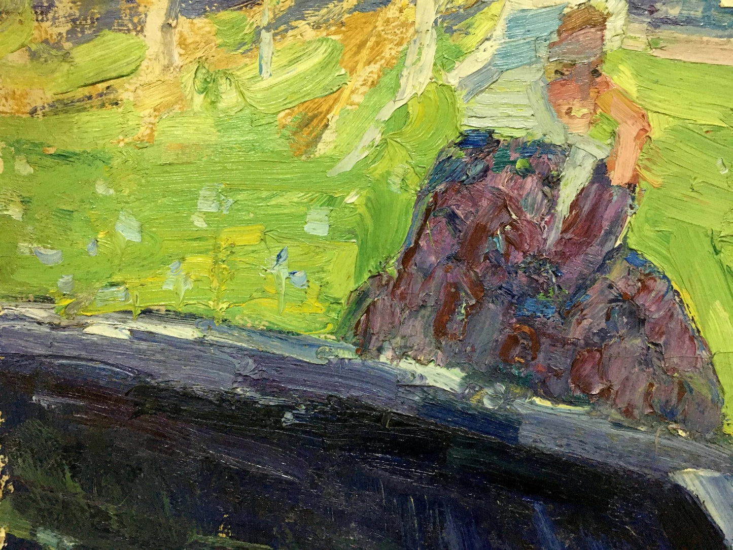 Oil painting by Zvyagintsev Rostislav Mikhailovich: woman in purple dress on green field