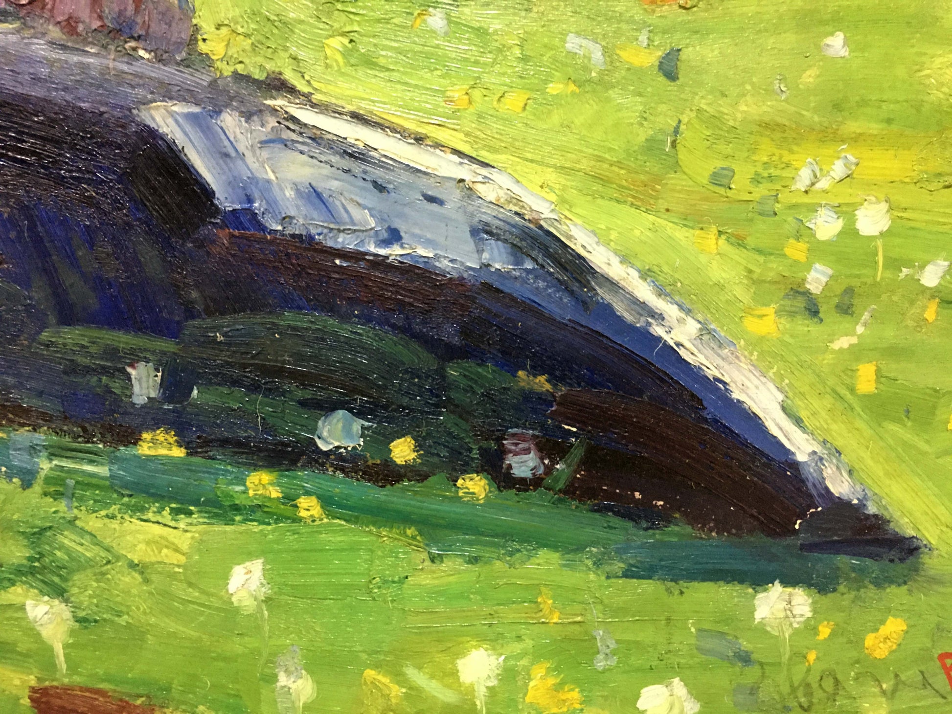 Textured impressionist oil painting by Zvyagintsev Rostislav Mikhailovich of green hillside with yellow and white flowers