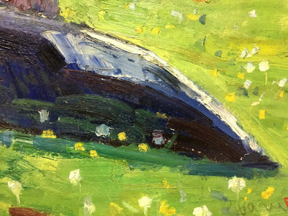 Textured impressionist oil painting by Zvyagintsev Rostislav Mikhailovich of green hillside with yellow and white flowers