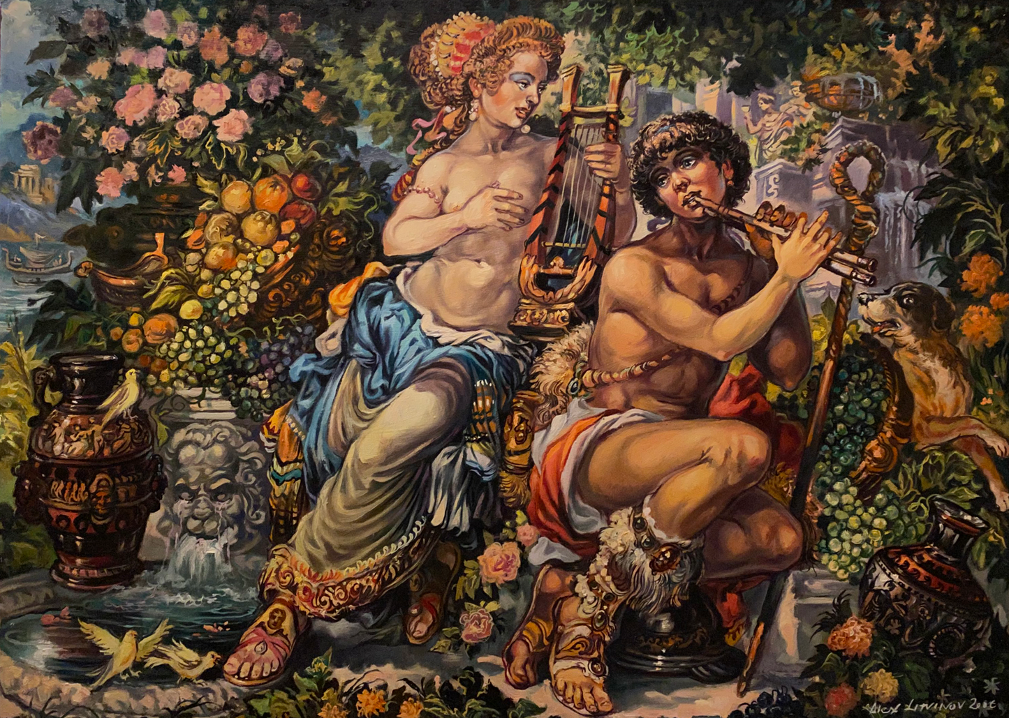 Oil painting of Princess Melodia by Alexander Arkadievich Litvinov in lush garden