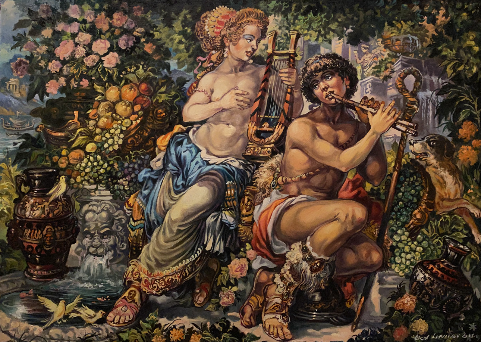 Oil painting of Princess Melodia by Alexander Arkadievich Litvinov in lush garden