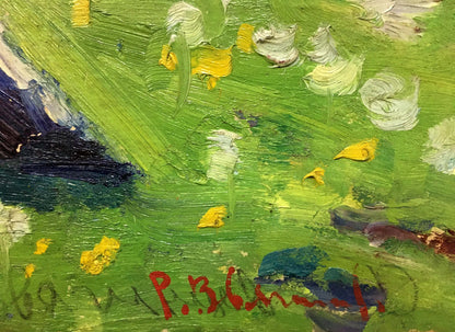 Vibrant green oil painting by Zvyagintsev Rostislav Mikhailovich of flower field