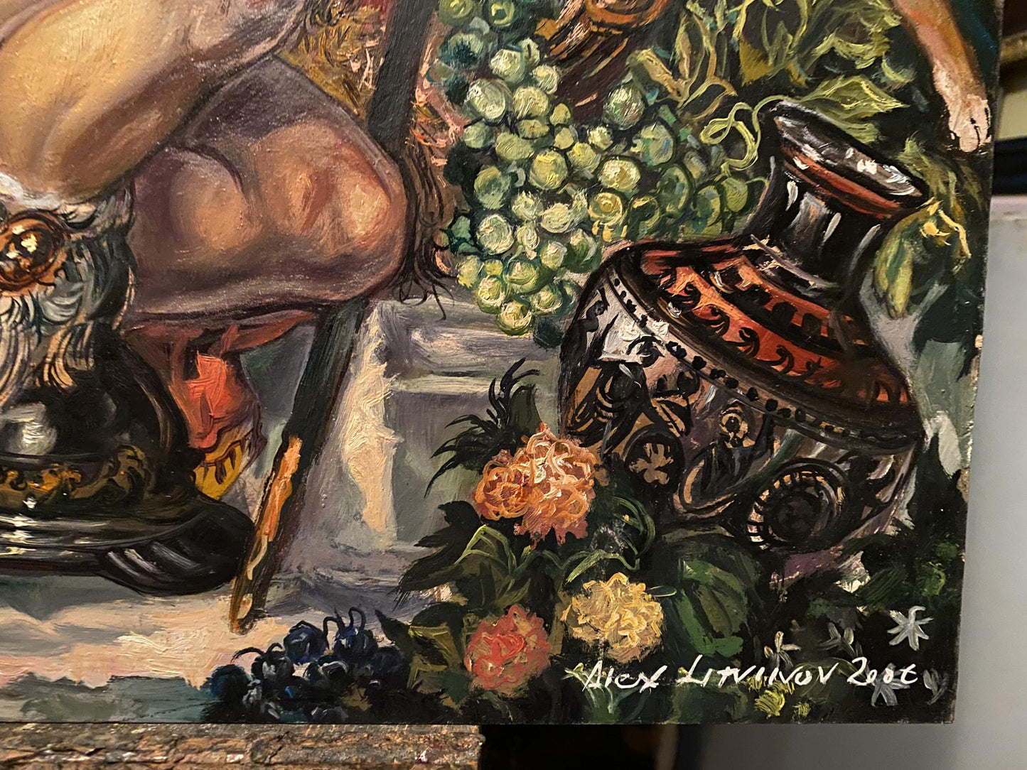 Oil painting of ornate dark ceramic amphora with red black geometric patterns by Princess Melodia Alexander Arkadievich Litvinov